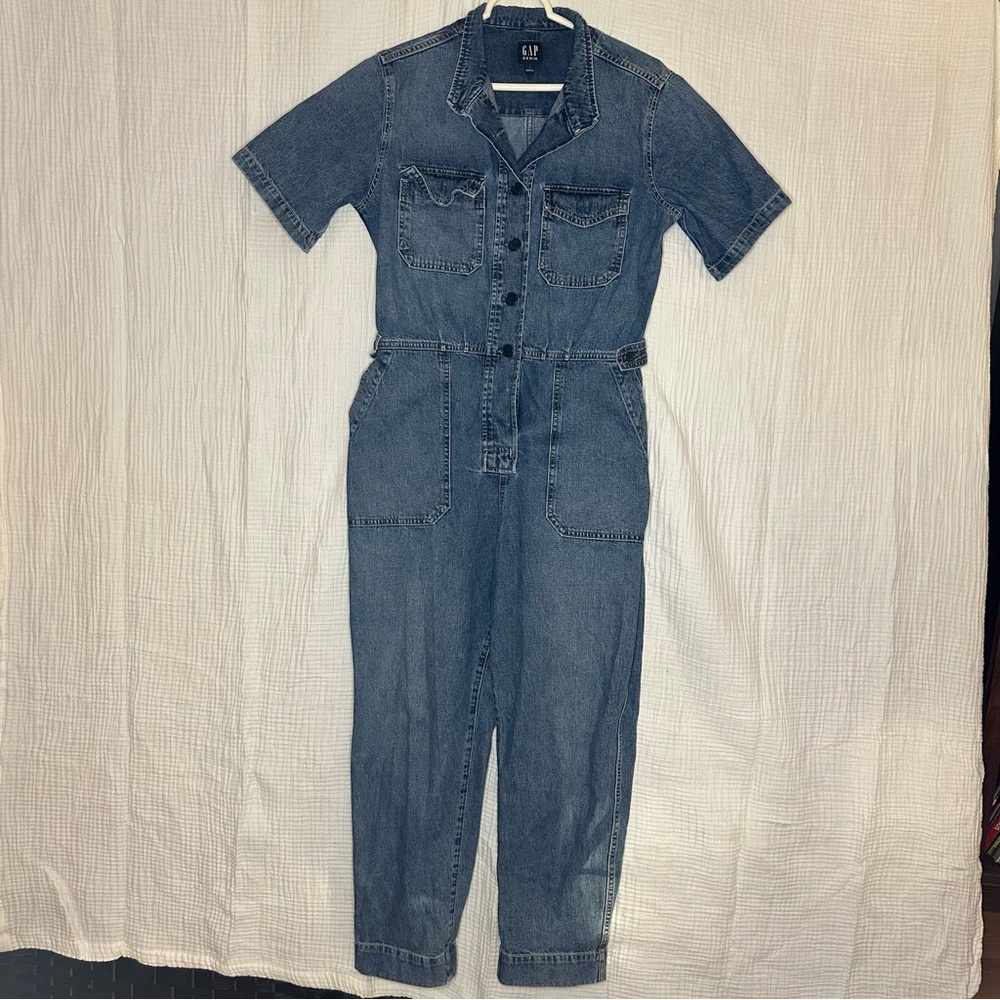 Women’s Gap Denim Jumpsuit Short Sleeve Utility Romper Overalls Sz 8